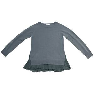 Garnet Hill Shirttail Cashmere Sweater Raglan Sleeves Lace Ruffles Blue Small